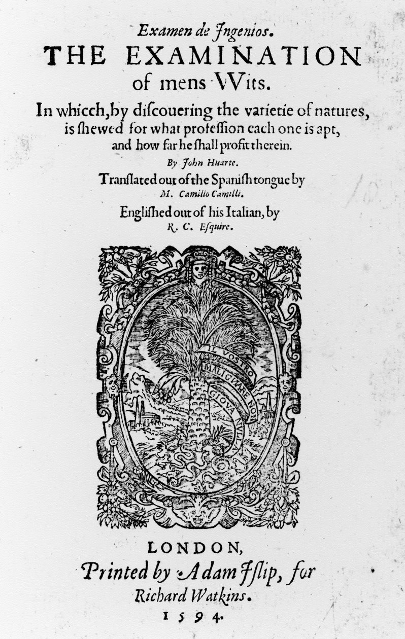 Titulní list knihy The Examination of mens Wits od Juana Huarteho, vydáno 1594 (tištěný papír) od English School