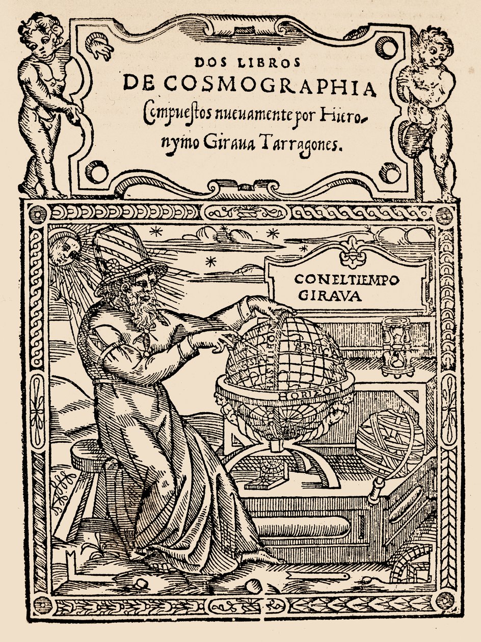 Titulní strana pro dvě knihy kosmografie od Hieronyma Girana Tarragonese, z Narativní a kritické historie Ameriky, editoval Justin Winsor, Londýn, 1886 (dřevotisk) od English School