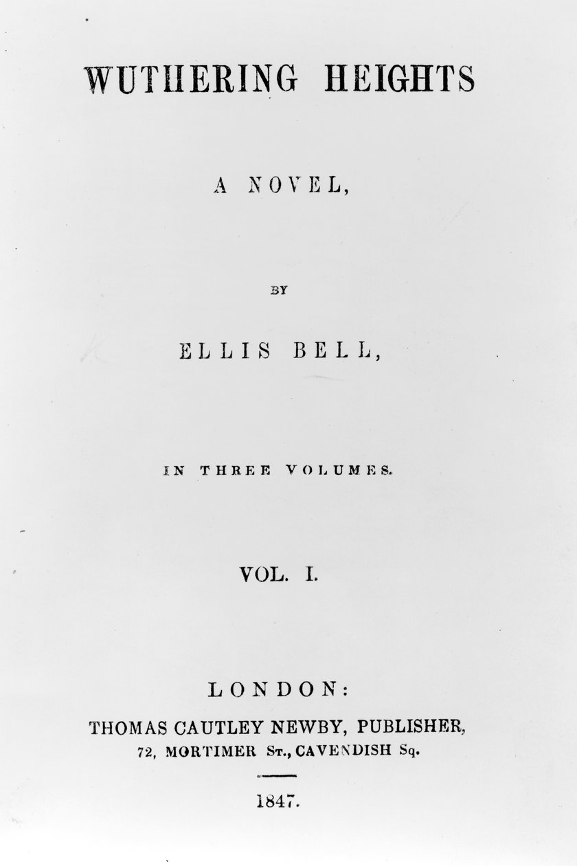 Titulní strana pro první vydání Wuthering Heights od Ellise Bella (pseudonym Emily Bronteové), vydaného v roce 1847 (tištěný papír) od English School