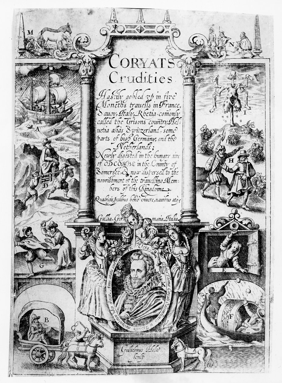 Titulní strana z knihy Coryats Crudities, vydané v roce 1611 od English School