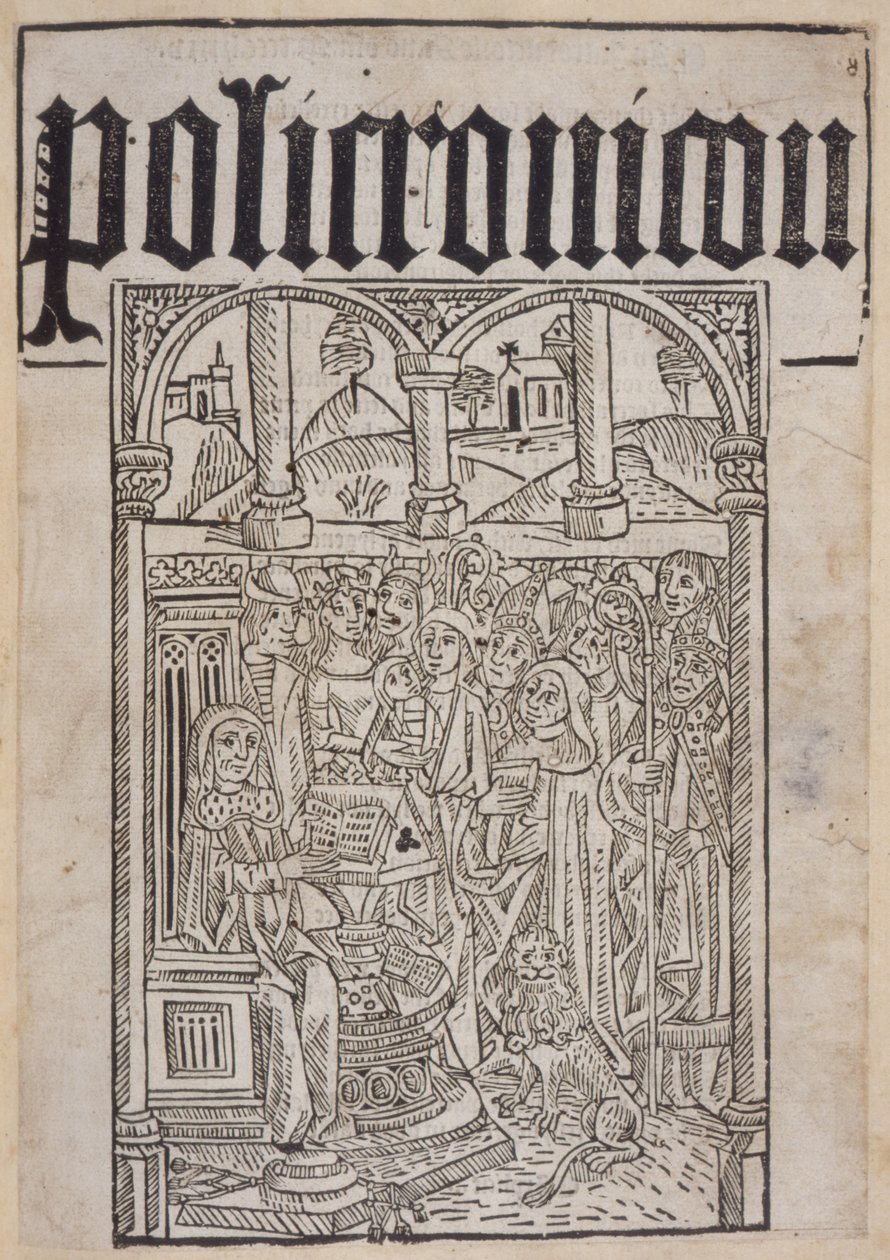 Titulní strana z Polychronikonu od Ranulf Higden († 1364), tisk Wynkyn de Worde, 1495 od English School