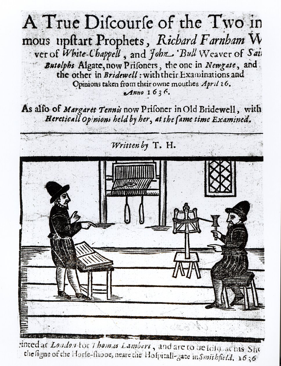 Titulní strana Pravdivý diskurz dvou neslavných proroků, Richard Farnham, Weaver, z White-Capel, a John Bull, Weaver, ze Saint Botolphs, Algate od TH 1636 od English School