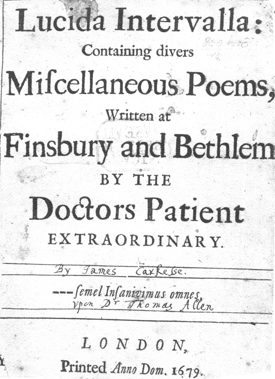 Titulní strana k Lucida Intervalla od Jamese Carkesse, vydaná 1679 (tištěný papír) od English School