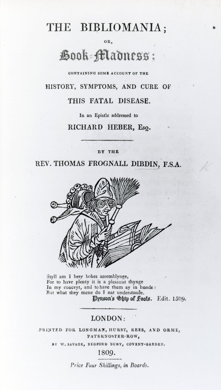 Titulní strana knihy The Bibliomania od reverenda Thomase Frognalla Dibdina, vydaná v roce 1809 (tištěný papír) od English School