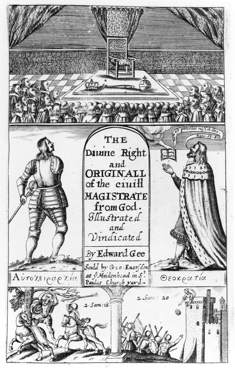 Titulní strana k Božskému právu a originálu civilního soudce od Boha, vyrytý Edward Gee, 1658 od English School