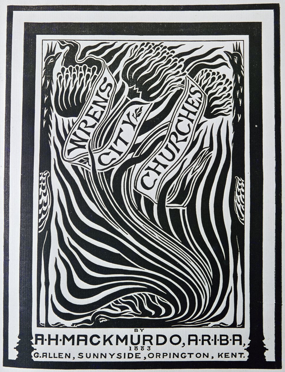 Titulní strana knihy "Wrenovy městské kostely", autor Arthur Mackmurdo (1851-1942) od English School