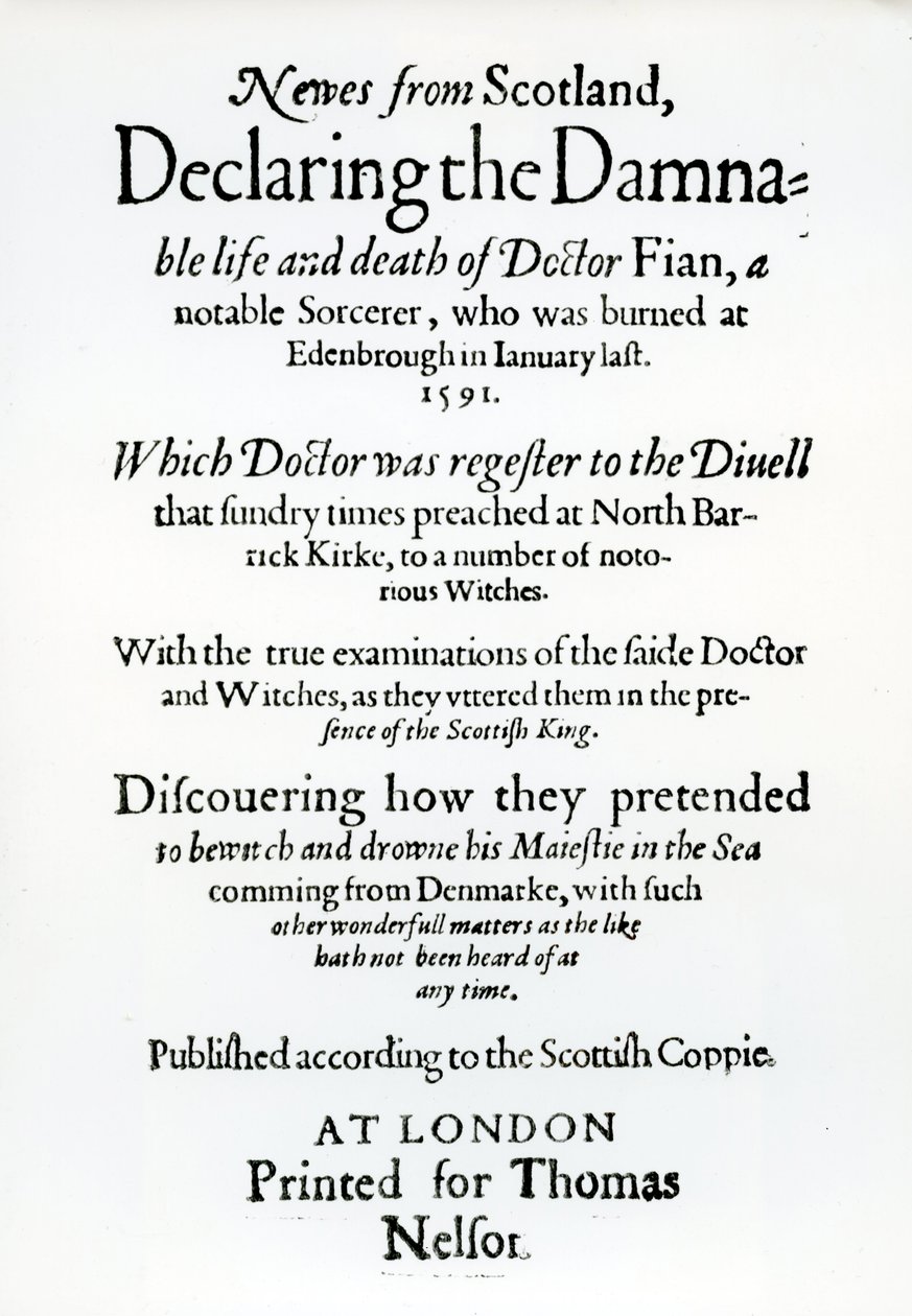 Titulní strana Novinky ze Skotska, deklarující zatracený život a smrt doktora Fiana, 1591 od English School