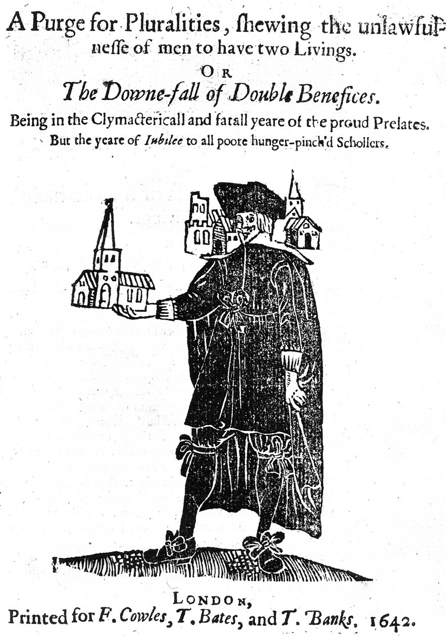 Titulní strana knihy A Purge for Pluralities vytištěná pro F. Cowlese, T. Batese a T. Bankse, 1642 od English School