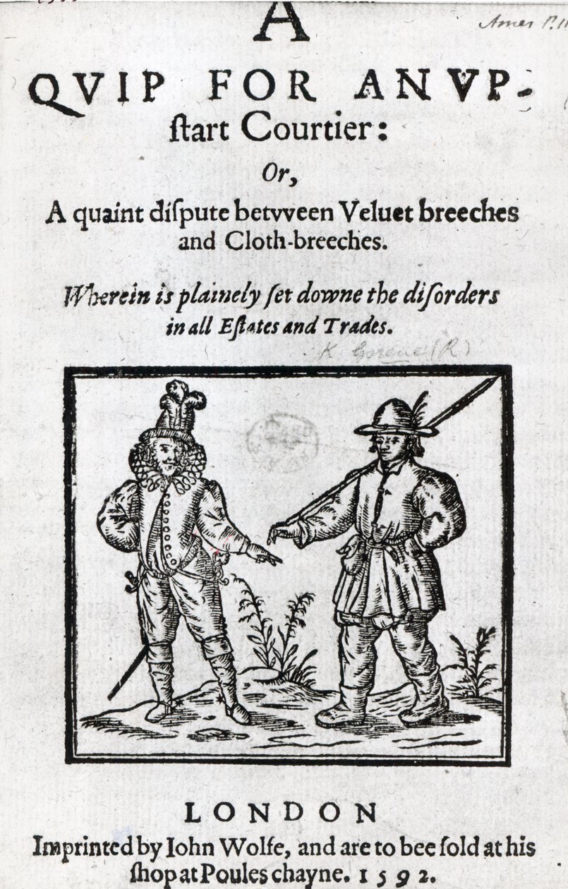 Titulní strana knihy A Quip for an Upstart Courtier (Vtípek pro vzpurného dvořana), Robert Greene, 1592 od English School