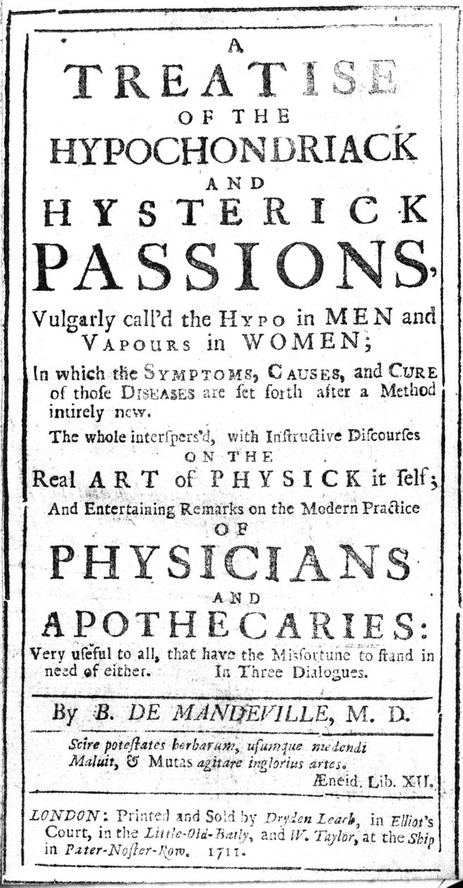 Titulní list knihy "A Treatise of the Hypochondriack and Hysterick Passions" od Bernarda de Mandeville, vydáno 1711 (tištěný papír) od English School