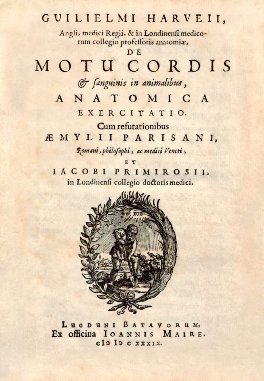 Titulní strana z knihy "De Motu Cordis set Sanguinis in Animalibus" (O pohybu srdce a krve u živých bytostí) od Williama Harveyho (1578-1657) vydané v roce 1628. od English School