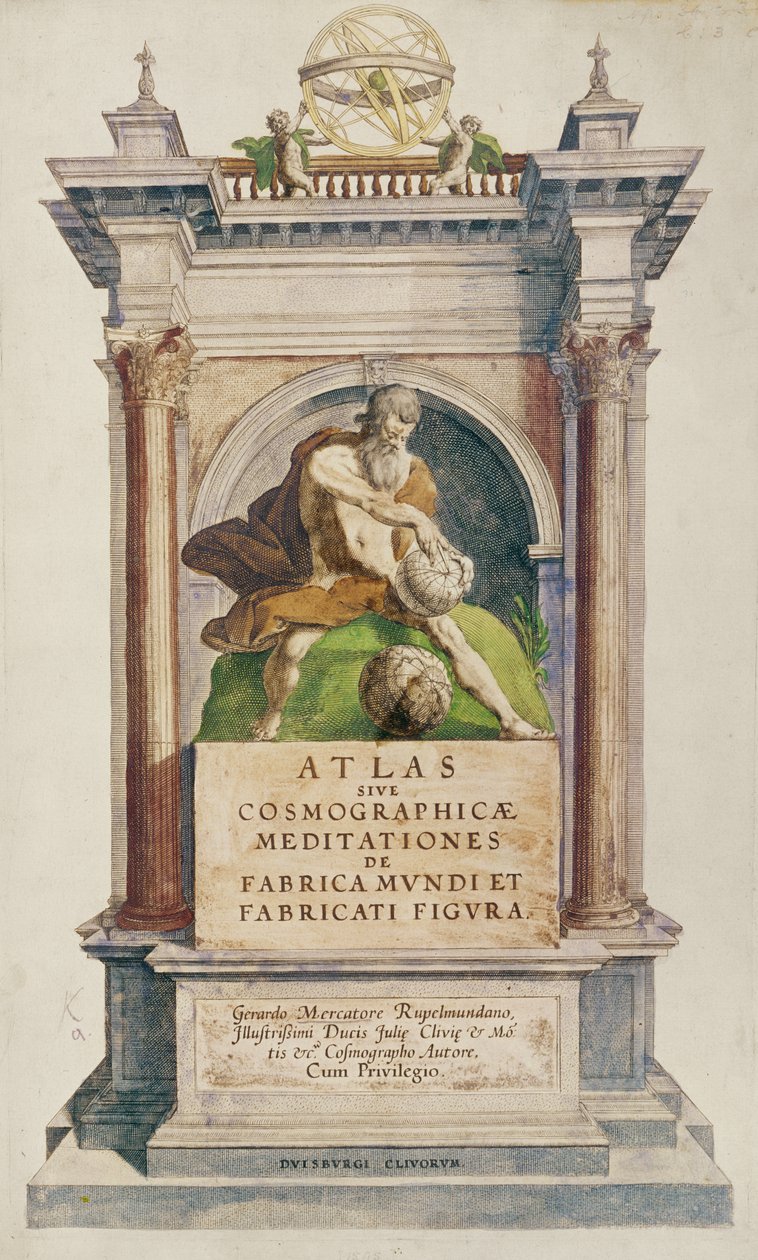 Titulní list z Mercators Atlas sive Cosmographicae meditationes de fabrica mundi et fabricati figura, 1595 (barevná rytina) od English School