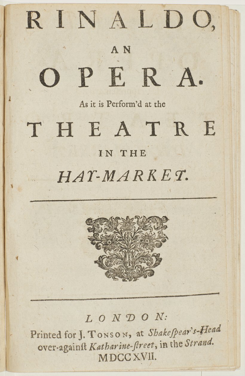 Titulní strana z libreta Händelovy opery „Rinaldo“, od Giacoma Rossiho, 1717 od English School