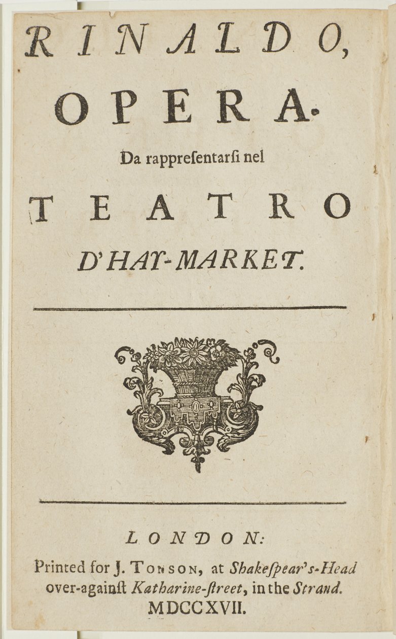 Titulní strana z libreta Händelovy opery „Rinaldo“, od Giacoma Rossiho, 1717 od English School