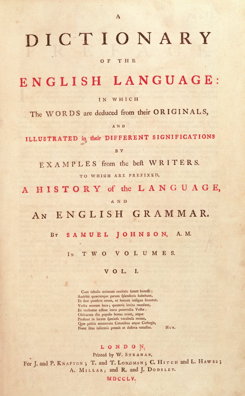 Titulní strana Johnsons Dictionary of the Human Language London, 1755 od English School