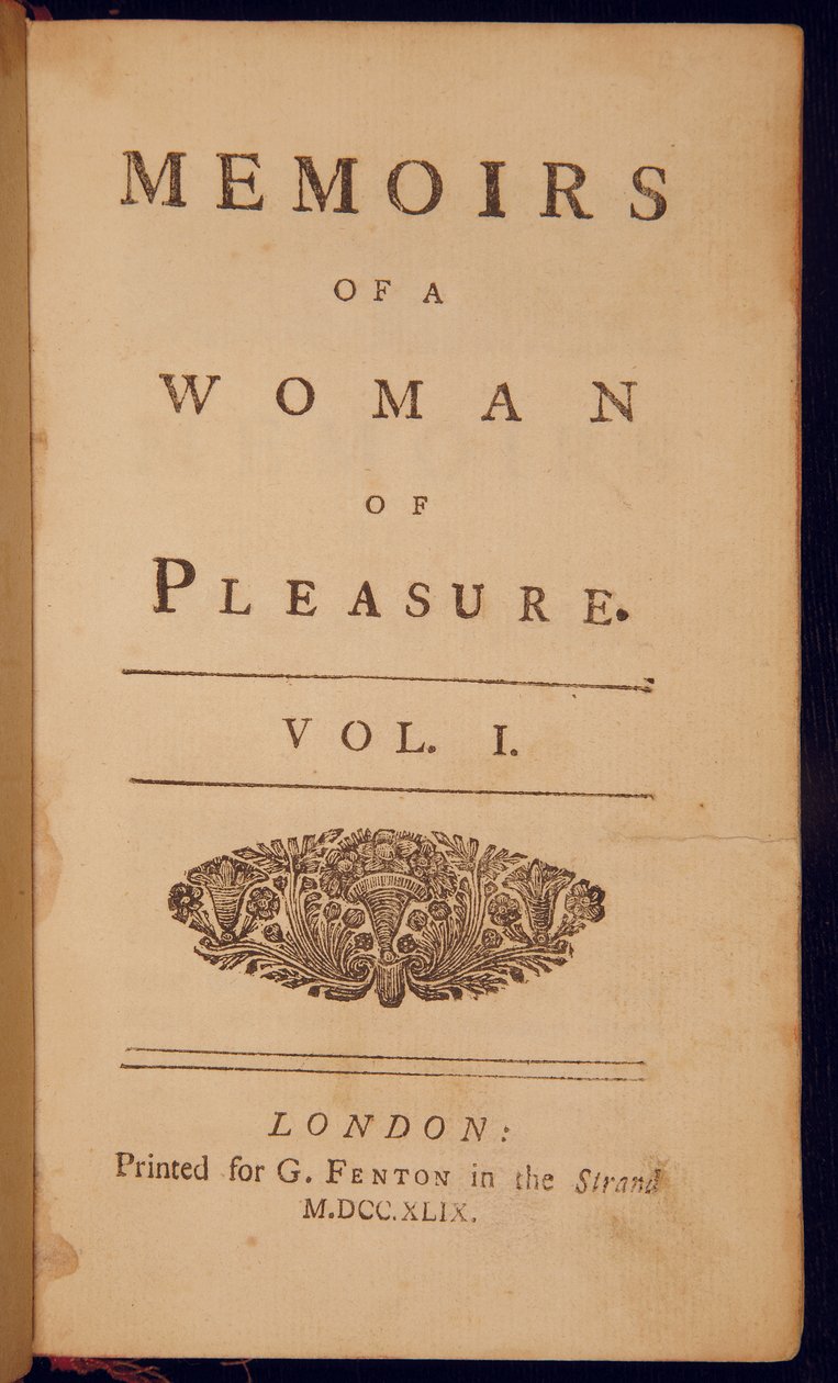 Titulní strana knihy „Memoirs of a Woman of Pleasure“ od Johna Clelanda od English School