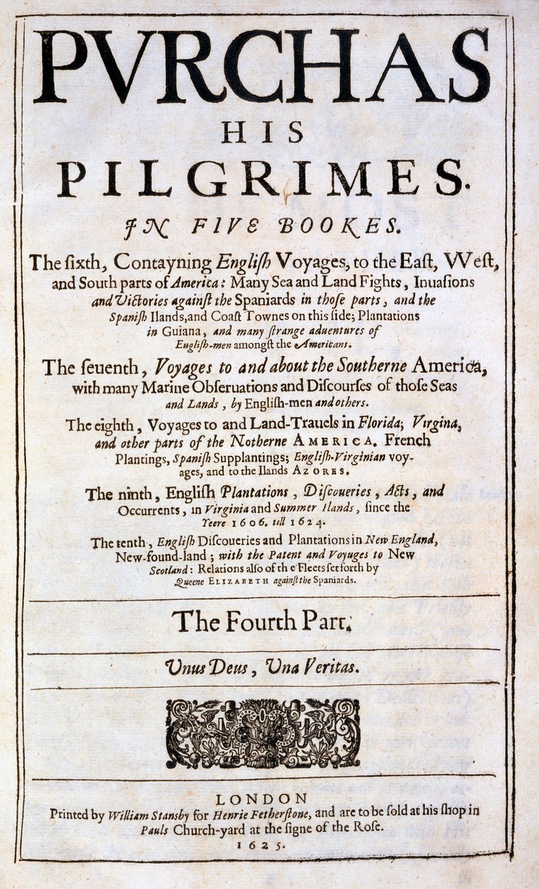Titulní strana knihy Purchas his Pilgrimes od Samuela Purchase, vydaná 1625 od English School