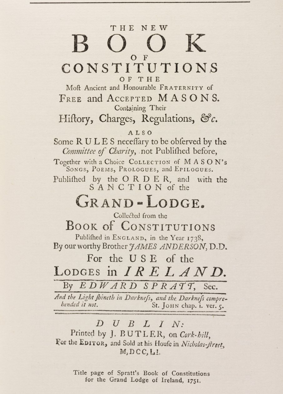 Titulní strana Spratts Book of Constitutions pro Grand Lodge v Irsku, 1751 od English School