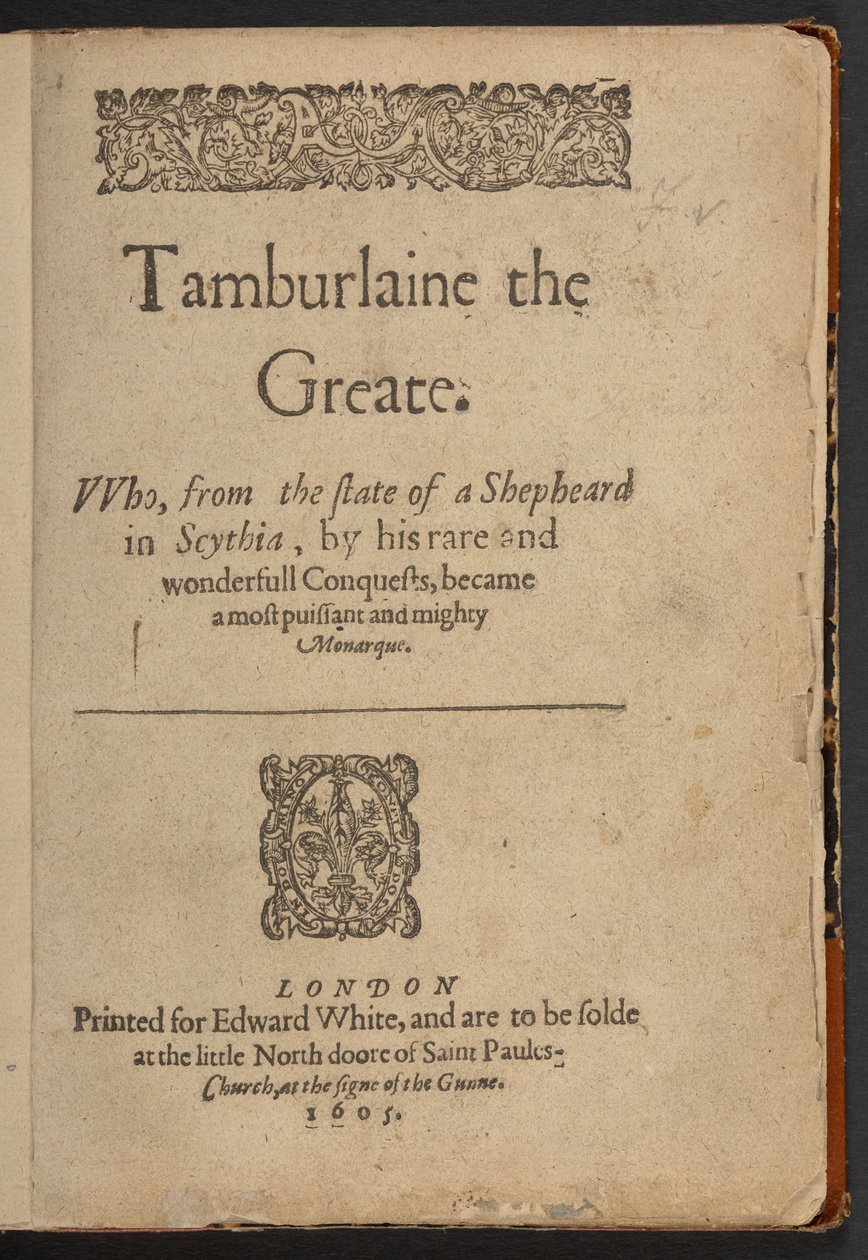 Titulní strana románu Tamburlaine the Greate od Christophera Marlowa od English School