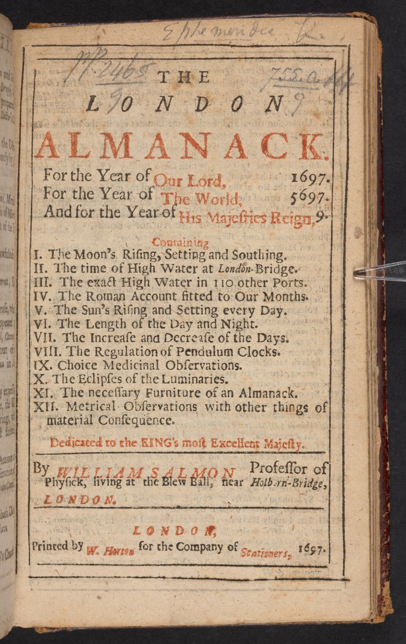 Titulní strana Londýnského almanachu, autor William Salmon od English School