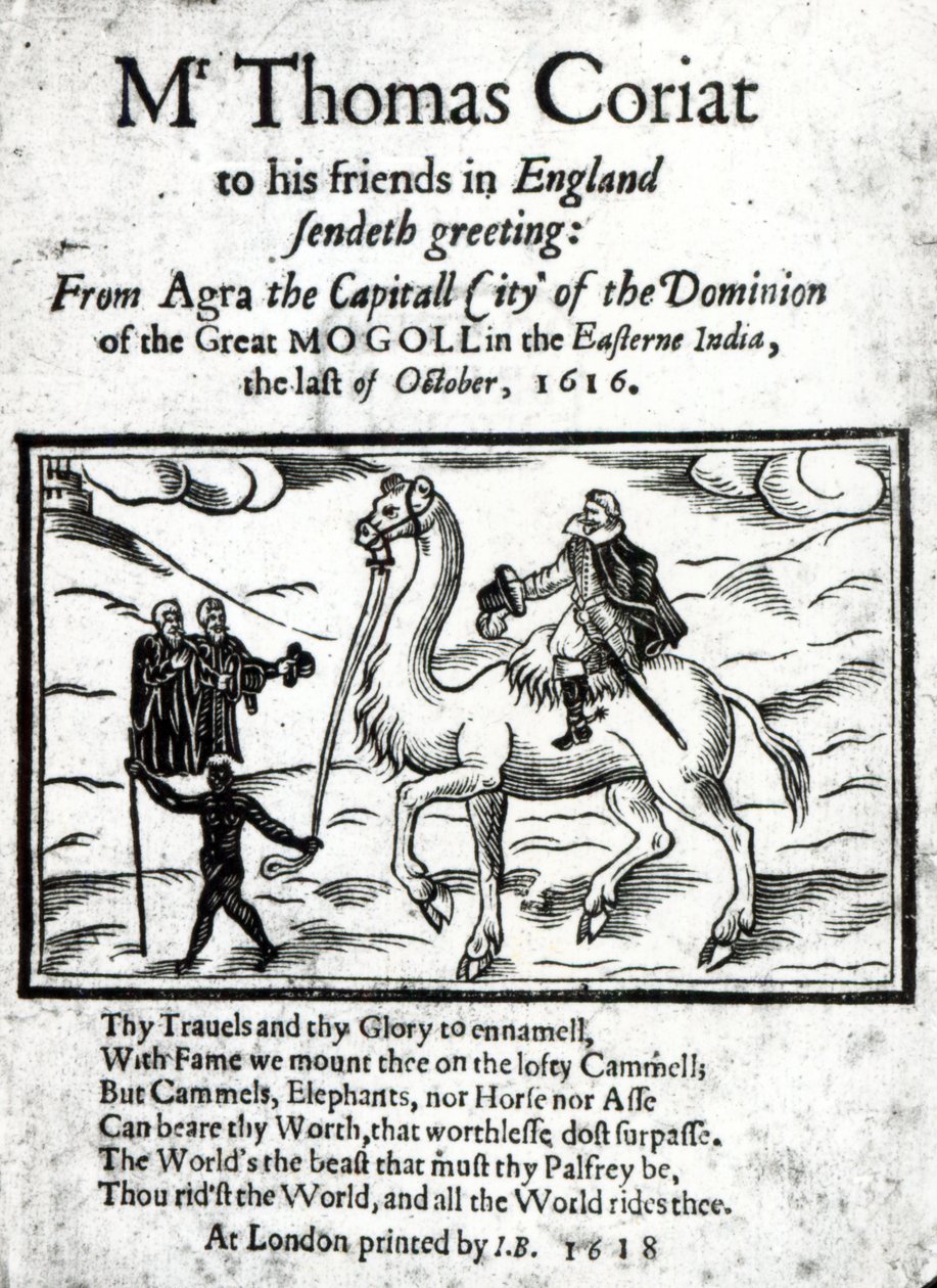 Titulní strana Thomase Coryatse posmrtně vytištěná zpráva o jeho cestách v Indii, publikovaná v Londýně, 1618 (tištěný papír a dřevoryt) od English School