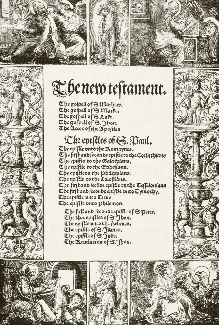 Titulní strana Nového zákona Williama Tyndala, vytištěného ve 30. letech 16. století, z Národní a domácí historie Anglie od Williama Hickmana Smith Aubrey (1858-1916), vydaná v Londýně, kolem roku 1890 od English School
