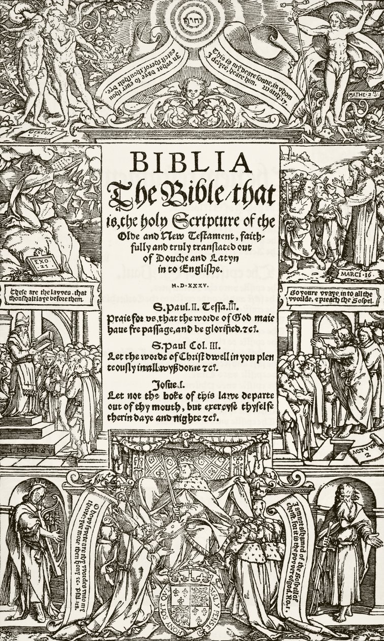 Titulní strana Coverdale Bible, vytištěná v roce 1535, z Národní a domácí historie Anglie od Williama Hickmana Smith Aubrey (1858-1916), vydaná v Londýně, kolem roku 1890 od English School
