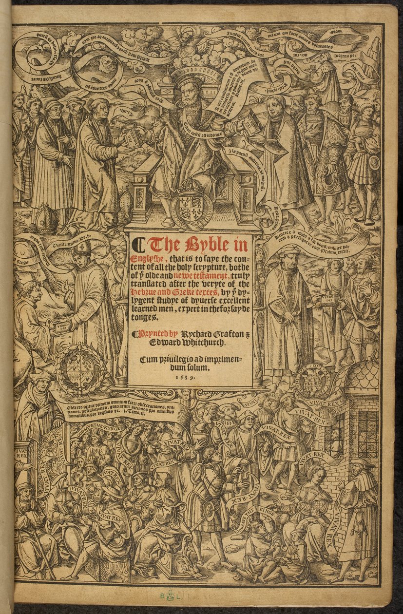 Titulní strana Velké Bible, někdy známá jako ‚Cromwellova Bible‘. od English School