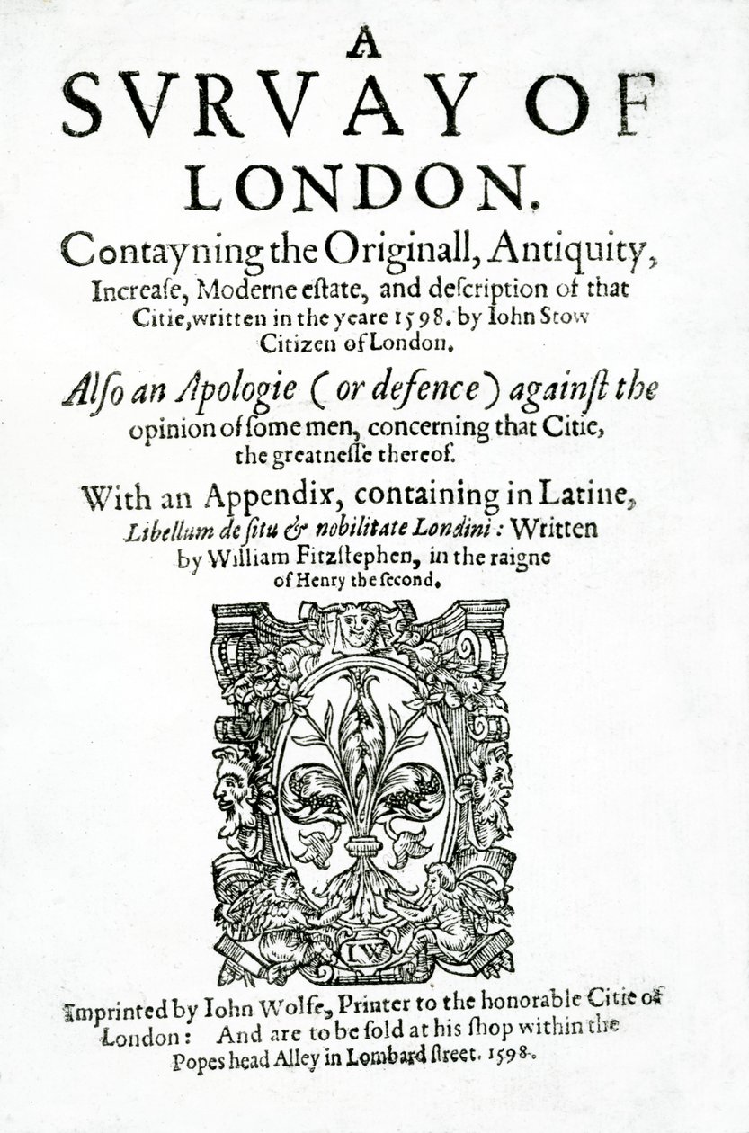 Titulní strana knihy A Survey of London od Johna Stow, publikovaná v roce 1598 (tištěný papír) od English School