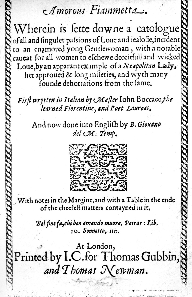 Titulní strana knihy Amorous Fiammetta od Giovanniho Boccaccia, anglický překlad vydaný v roce 1587 od English School