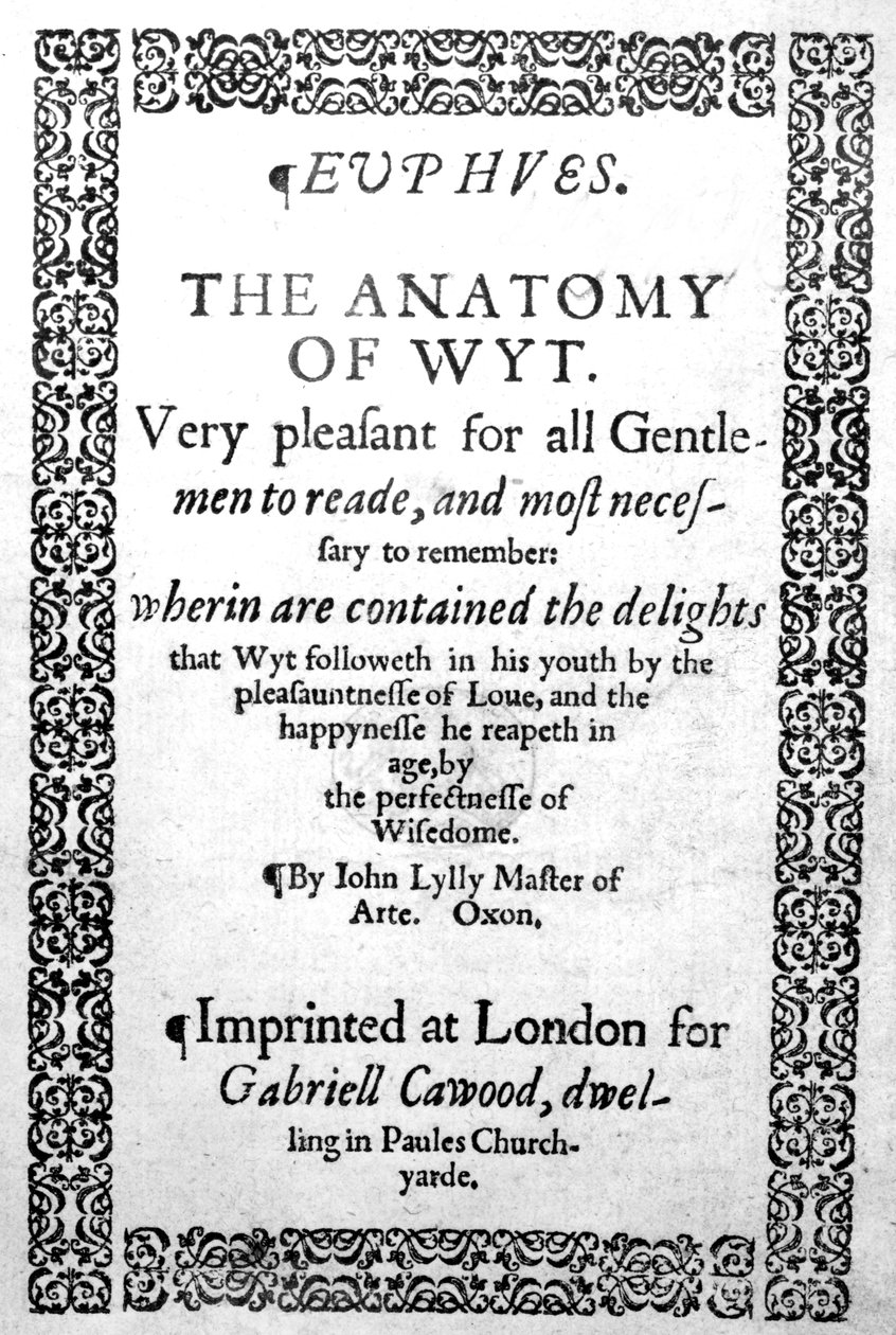 Titulní strana knihy Euphues, aneb The Anatomy of Wit od Johna Lylyho, publikovaná v roce 1578 od English School