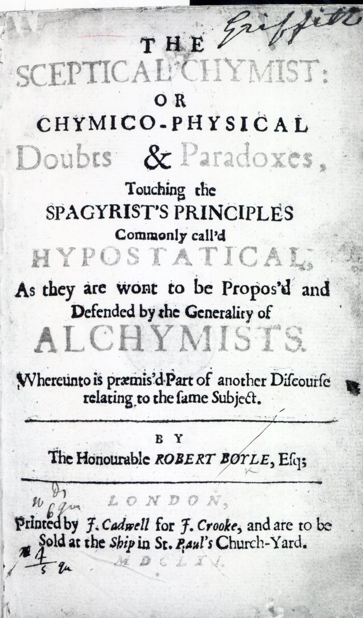 Titulní strana knihy The Sceptical Chymist od Roberta Boyla, 1661 (tisk) od English School