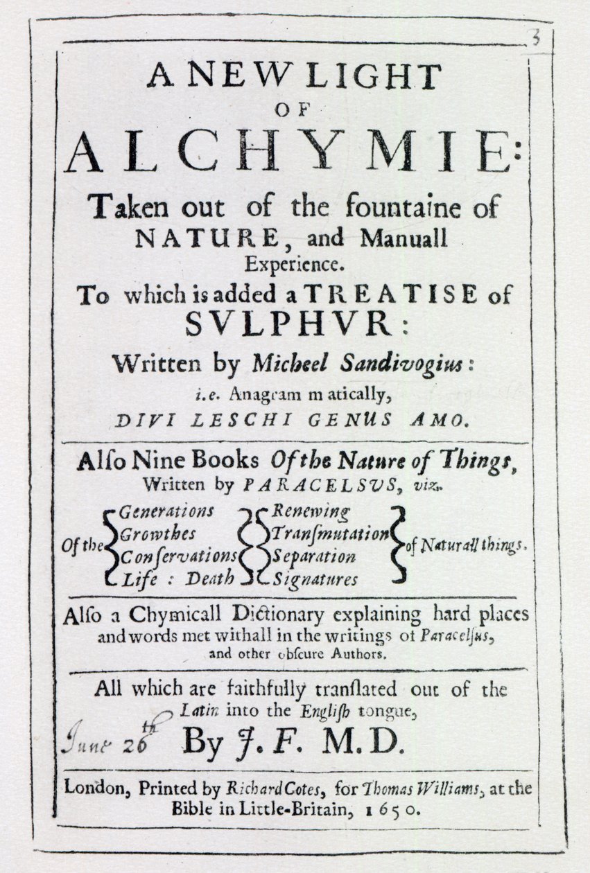 Titulní list anglického vydání knihy A New Light on Alchemy od Michala Sedziwoje, 1650 (tisk) od English School