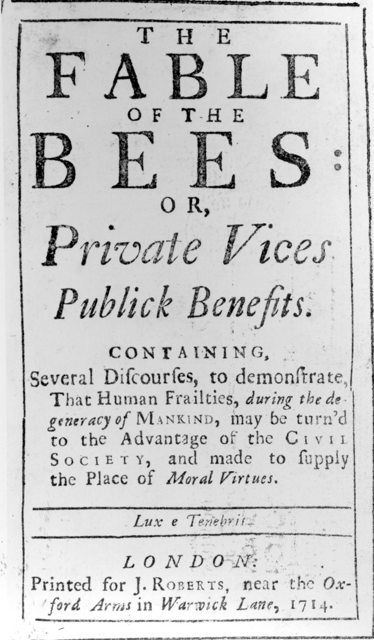 Titulní strana k Pohádce o včelách od Bernarda de Mandeville, 1714 od English School