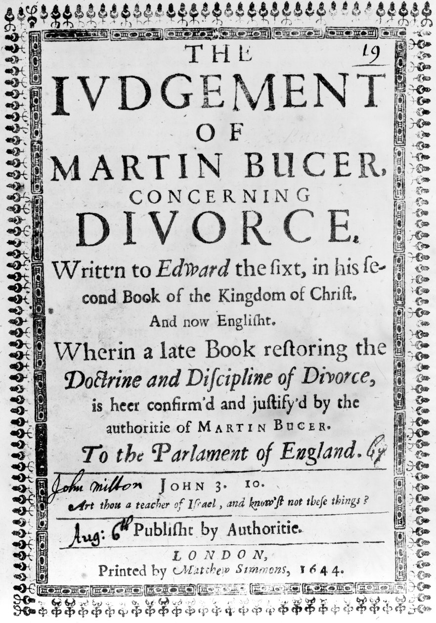 Titulní strana z Soudu Martina Bucera týkající se rozvodu od Johna Miltona, vydaného v roce 1644 (tištěný papír) od English School