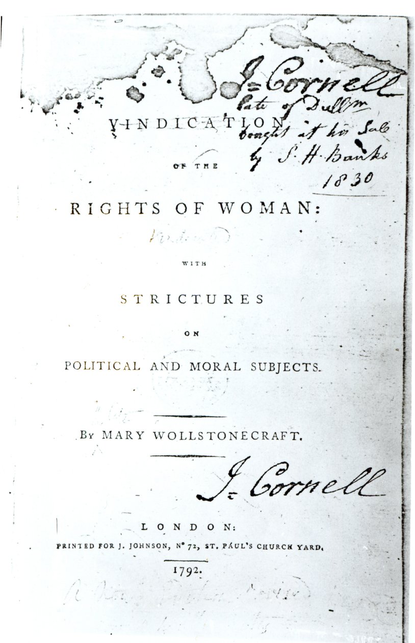 Titulní strana Ospravedlnění práv ženy od Mary Wollstonecraft, vydané v roce 1792 od English School
