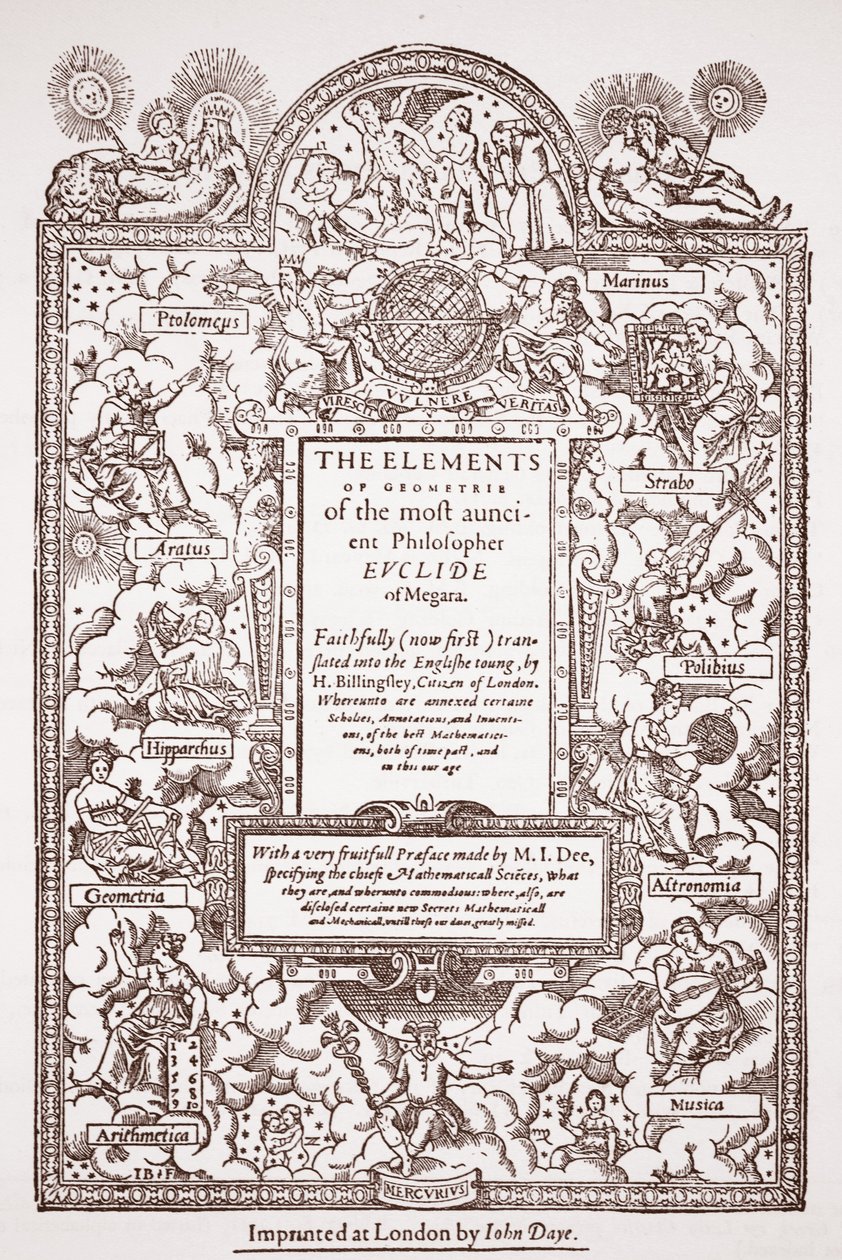 Titulní strana raného překladu Euklidových prvků, tisk John Day, Londýn, 1570-71 od English School