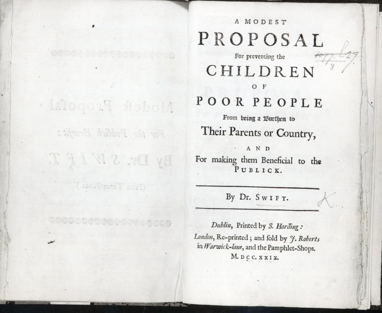 Titulní strana knihy Jonathana Swifta Skromný návrh, vydané v roce 1729 (tisk) od English School