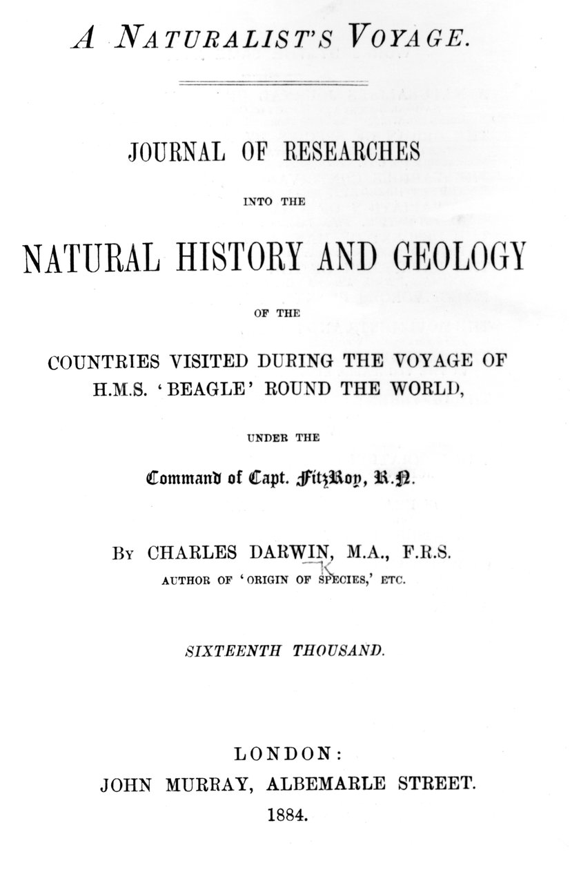 Titulní strana k cestě přírodovědců kolem světa od Charlese Darwina, vydání vydané v roce 1884 (tištěný papír) od English School