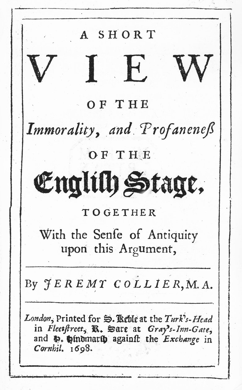 Titulní strana knihy Jeremyho Colliera A Short View of the Immorality and Profaneness of the English Stage, 1698 (tištěný papír) od English School