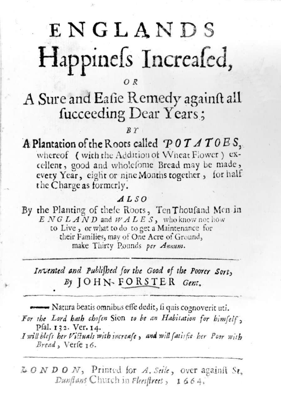 Titulní strana k Englands Happiness Zvýšená od Johna Forstera, publikoval v roce 1664 (tištěný papír) od English School