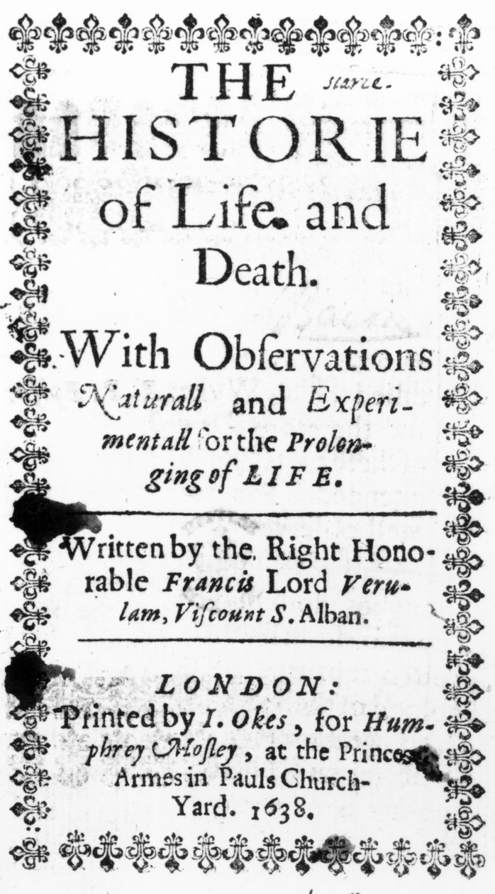 Titulní strana knihy Francis Bacons The History of Life and Death, vydané v roce 1638 (tisk) od English School