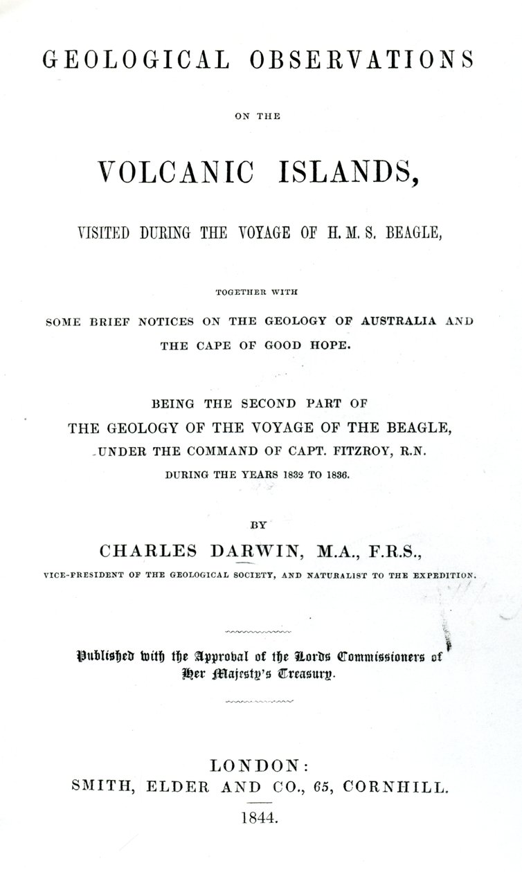 Titulní strana ke geologickým pozorováním na sopečných ostrovech od Charlese Darwina, 1844 (tištěný papír) od English School