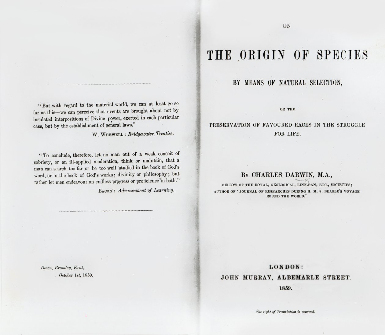 Titulní strana knihy O původu druhů od Charlese Darwina, publikovaná v roce 1859 od English School
