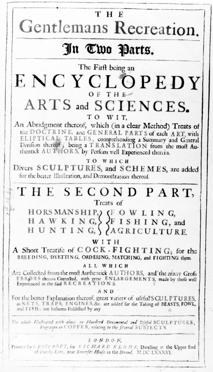Titulní strana k The Gentlemans Recreation publikoval Richard Blome, 1686 od English School