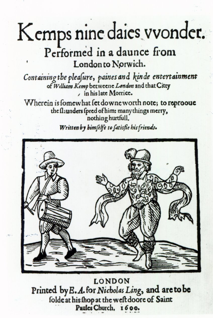 Titulní strana knihy William Kemps Nine Days Wonder, vydané v roce 1600 od English School
