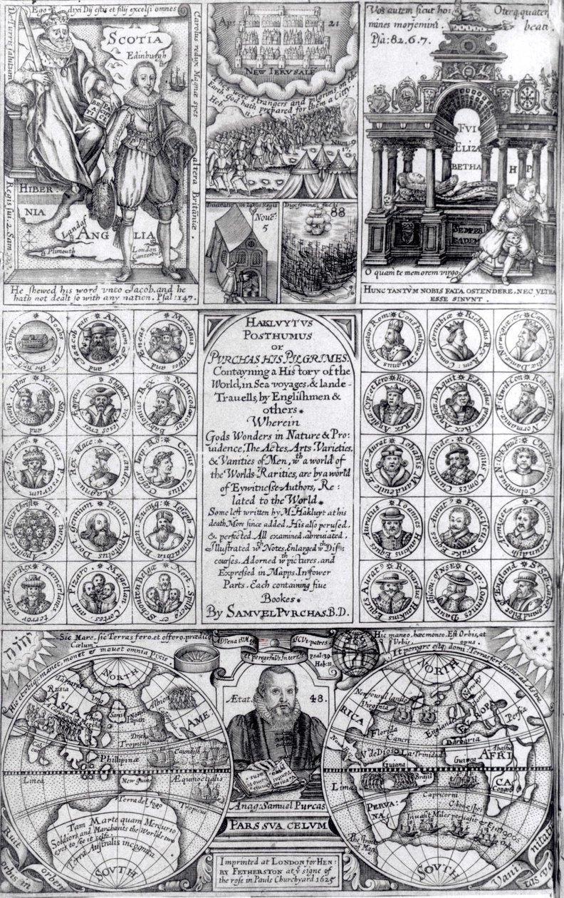 Titulní strana k prvnímu vydání Hakluytus Posthumus or Purchas His Pilgrimes, vydaného roku 1625 od English School