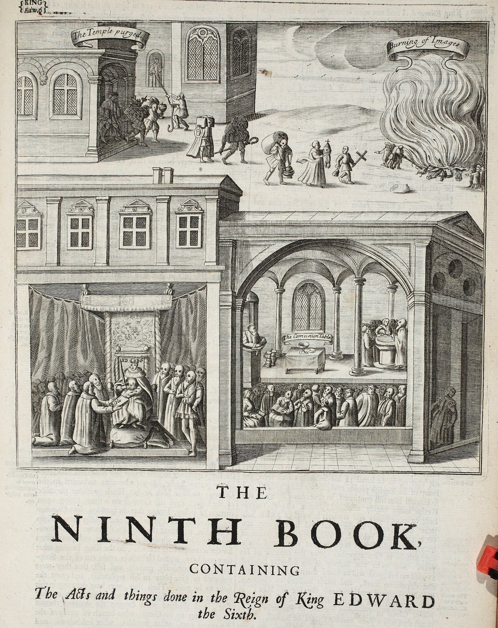 Titulní strana k deváté knize, ilustrace z Acts and Monuments od Johna Foxe, deváté vydání, pub. 1684 od English School