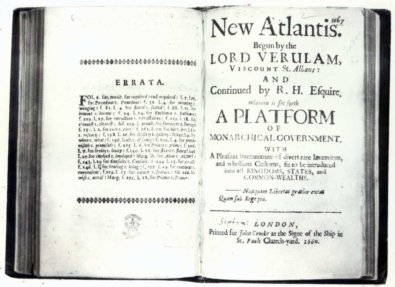 Titulní listy k Francis Bacons New Atlantis, vydání z roku 1660 (tisk) od English School