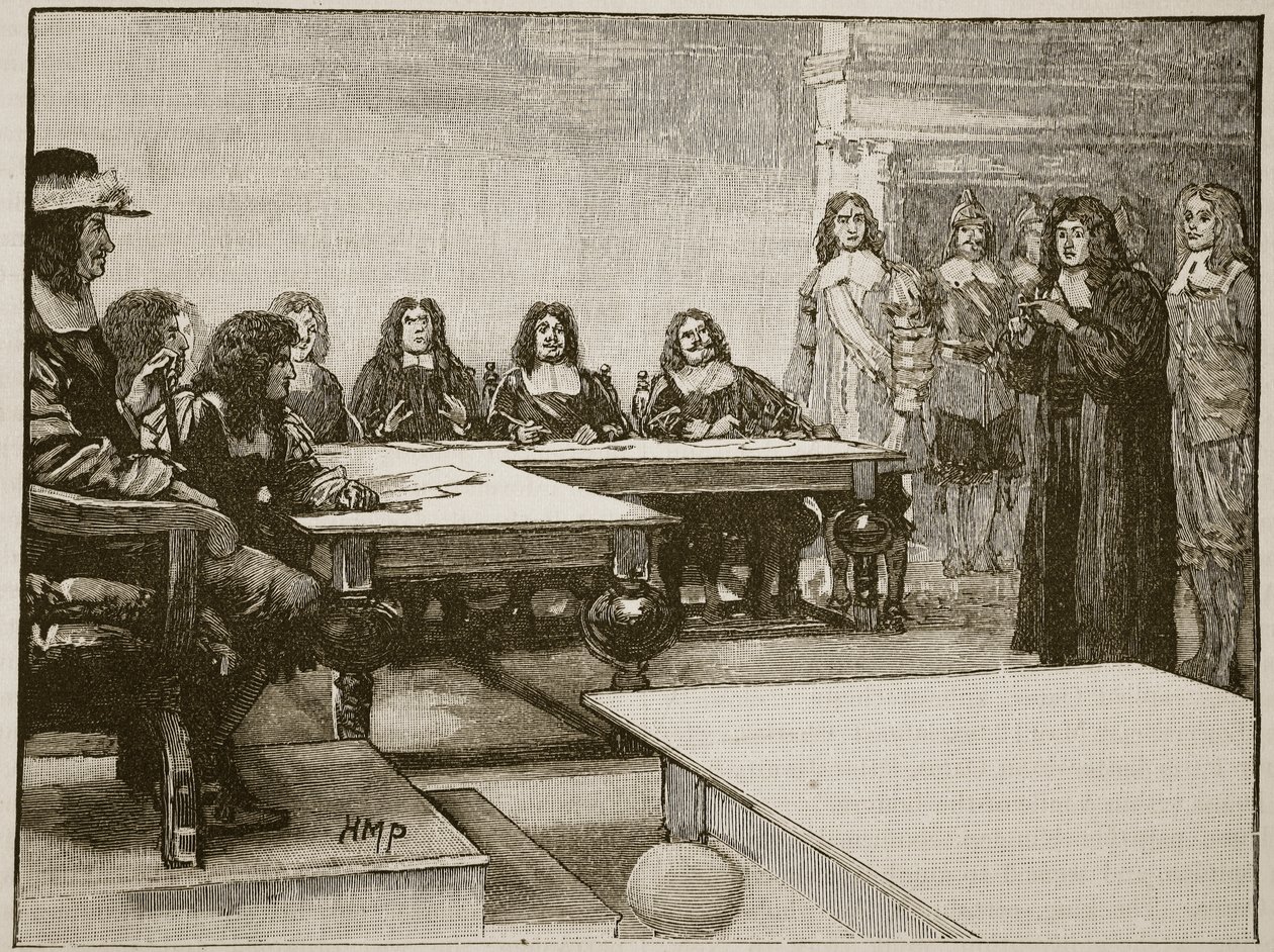 Titus Oates před tajnou radou, ilustrace z Cassells Illustrated History of England (sépiová fotografie) od English School